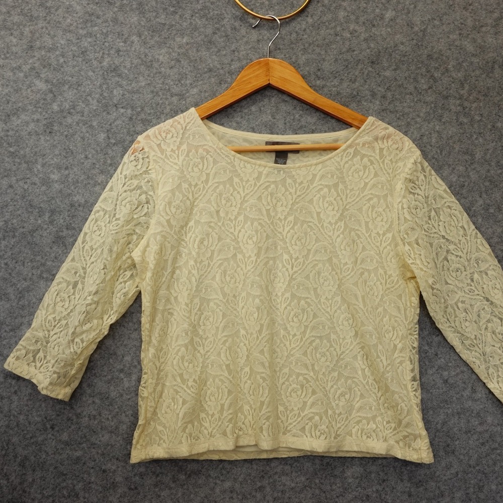 Vintage Sheer Lace Top Womens L Cream Crop Floral 90s Fairy Coquette KATE HILL